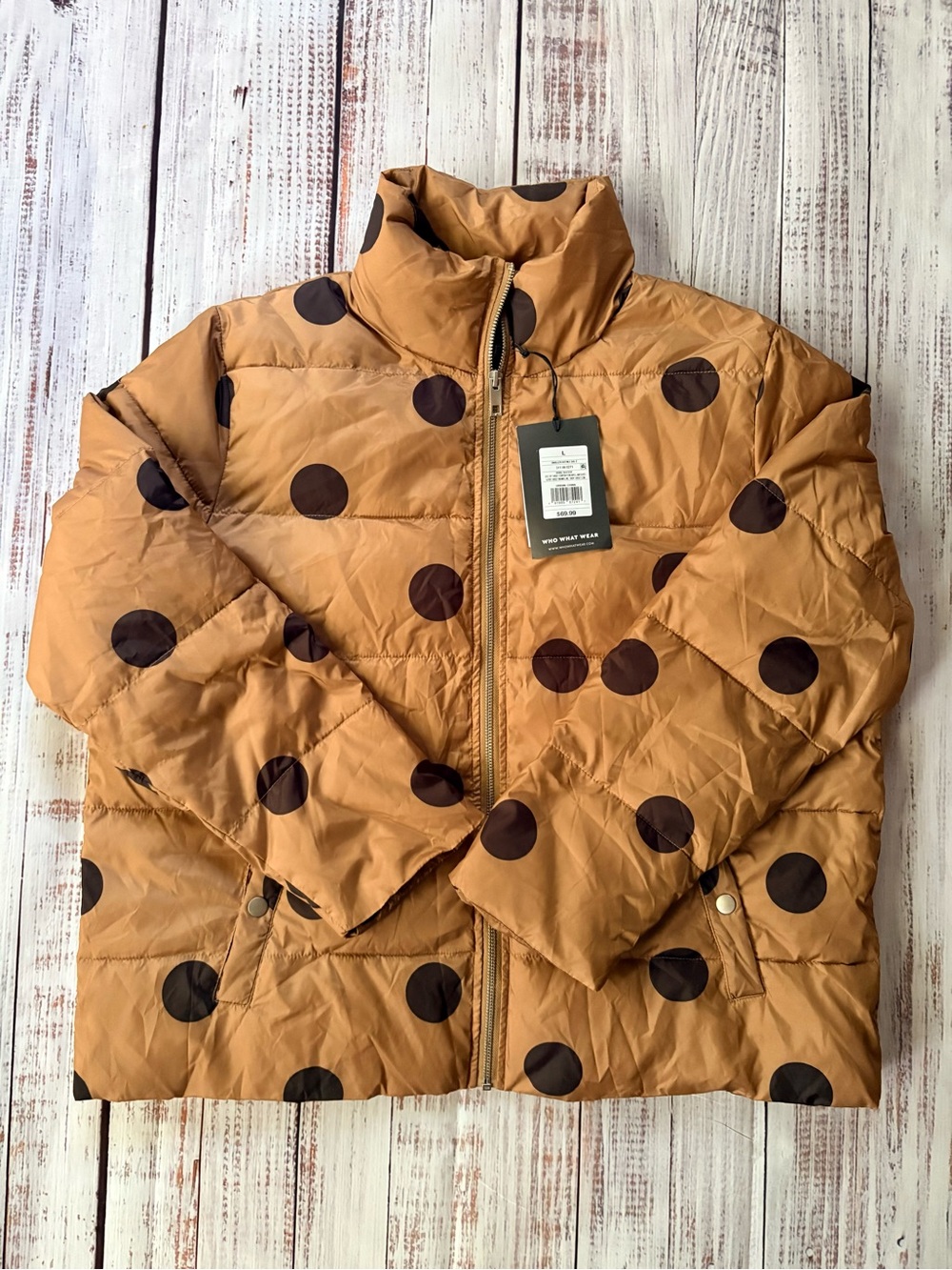 Women’s Who What Wear Mustard Puffer Jacket with Black Polka Dots size L NWT